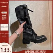 高端定制 min时髦复古粗跟中筒骑士长靴女秋冬新款 做旧皮带扣长靴