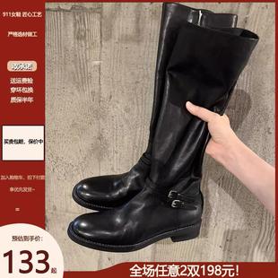 敲显腿长 真皮复古厚底圆头显瘦骑士靴女侧拉链双扣带粗跟高筒靴