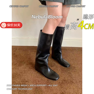 牛皮版 极简方头内增高4cm不过膝长靴复古软皮辣妹平底瘦瘦靴 韩版