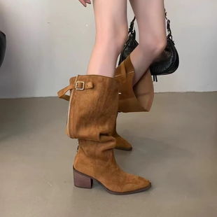 牛皮版 长靴 小众时髦两穿皮带扣骑士靴女秋冬尖头粗跟长筒靴时装