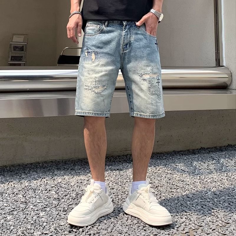 美式破洞刮烂刺绣牛仔短裤男五分裤2025夏季薄款潮牌宽松直筒中裤