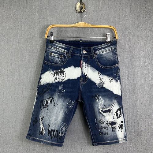 新款破洞D2牛仔裤补丁字母印花修身牛仔中裤2小人d2泼墨牛仔短裤