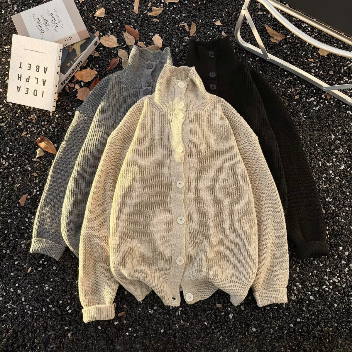 2025秋冬新款开衫毛衣美式复古休闲慵懒风V领针织衫男纯色外套