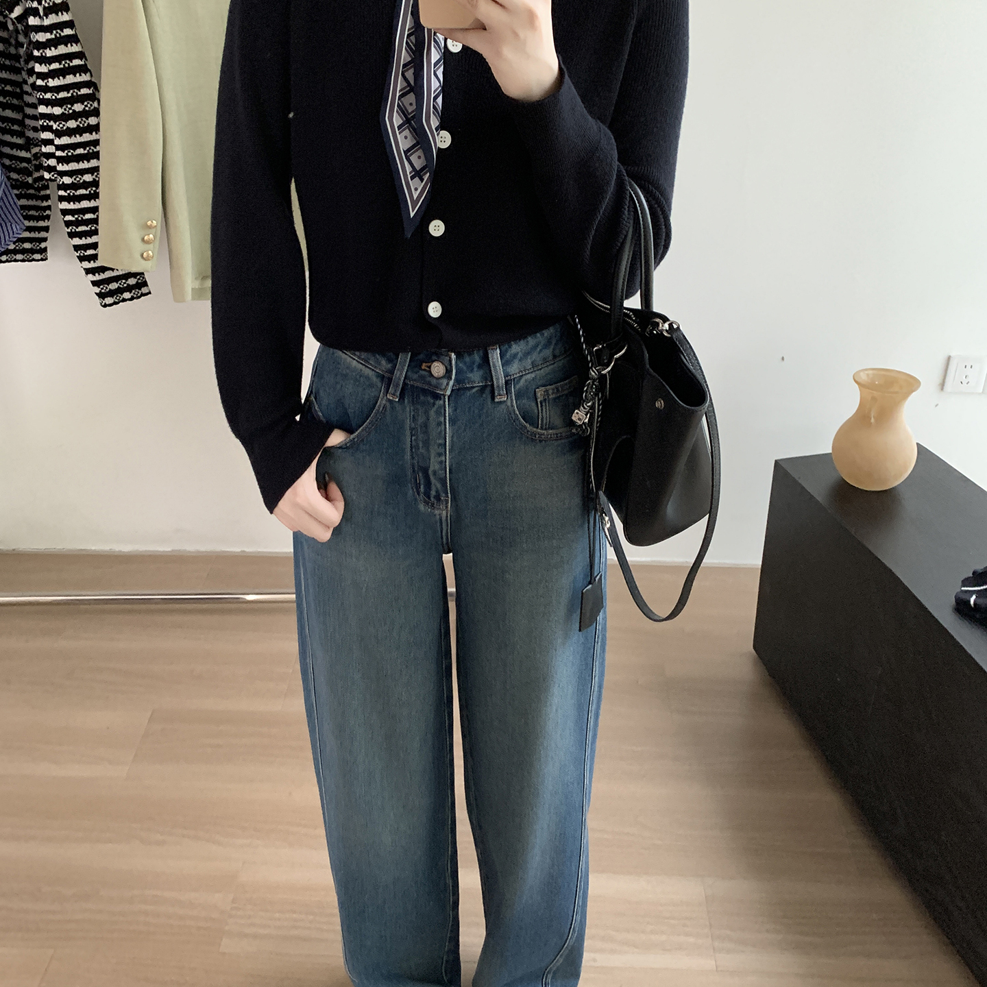 右格Jeans牛仔裤女早秋新款高腰显瘦蓝色宽松阔腿弯刀裤#Y59029