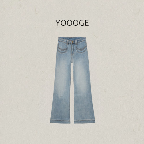 右格Jeans 层次感口袋明线显腿长高腰微喇牛仔裤女气质加绒休闲裤