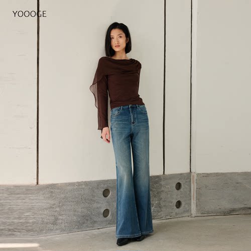 右格Jeans 显腿长设计感重工猫须刺绣高腰微喇牛仔裤女加绒休闲裤