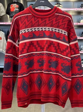 李宁男士套头无帽编织衫龙年2024春季日进斗金宽红色毛衣AMBU025