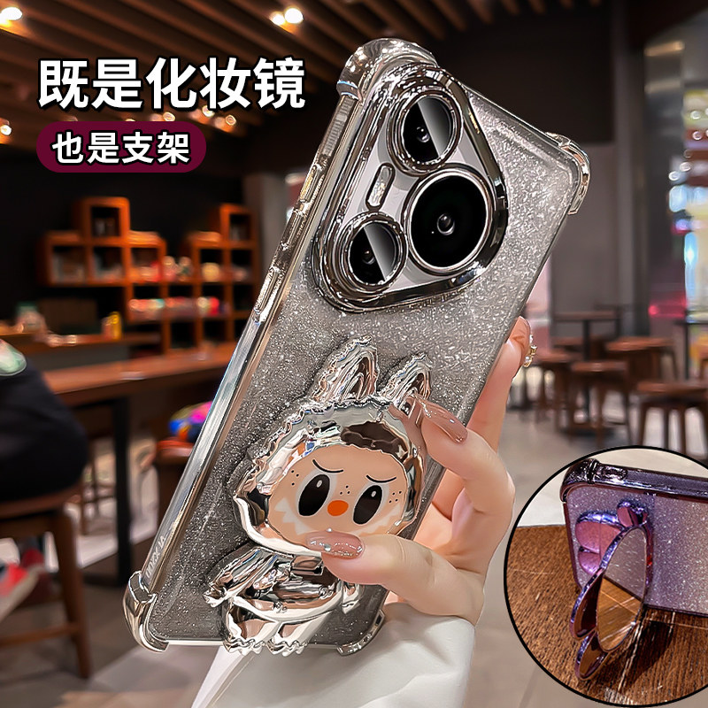 适用华为pura80pro手机保护壳ultra拉布布镜子带支架pura70新款p60气囊防摔保护套p50全包镜头pro+矽胶外壳女