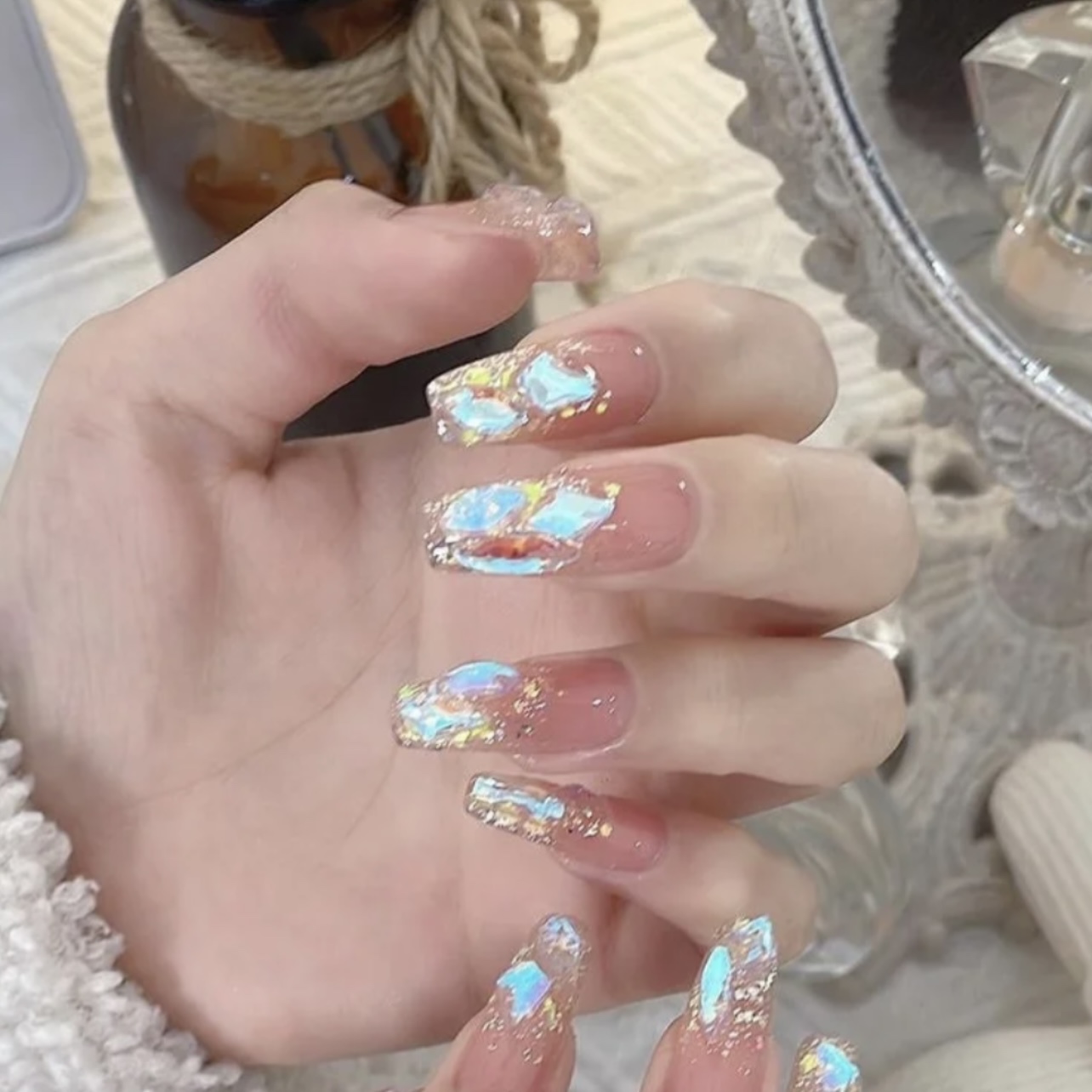 网红温精灵爆款闪粉极光钻石手工定制美甲成品穿戴甲小红书同款