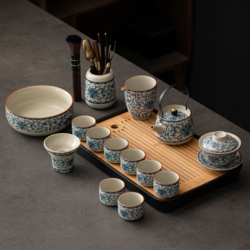 晨翔汝窑青花功夫茶具套装家用