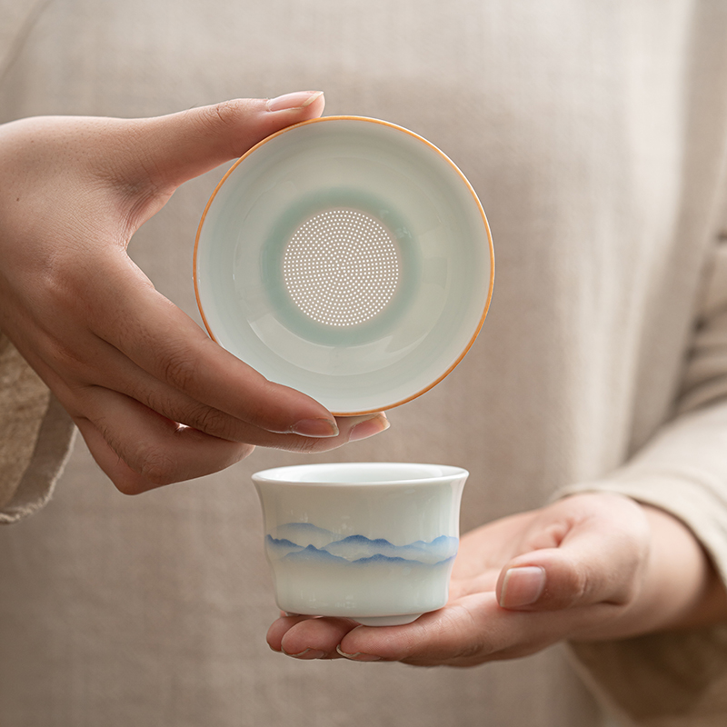 茶漏茶滤青瓷山水茶叶过滤网泡茶陶瓷公道杯一体滤茶器茶具配件