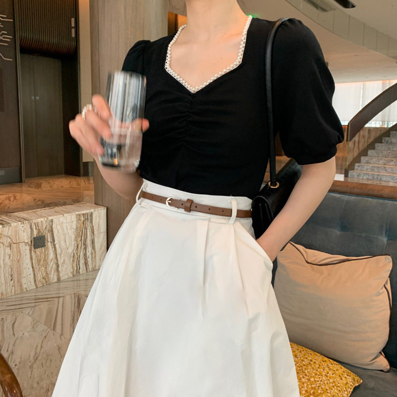 女装2021夏季新款短袖白色半身裙子+小众法式上衣泡泡袖T恤套装