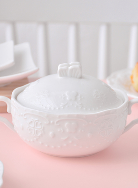 欧式浮雕燕窝小碗鱼翅银耳汤盅双耳蒸蛋碗陶瓷甜品糖水碗带盖套装
