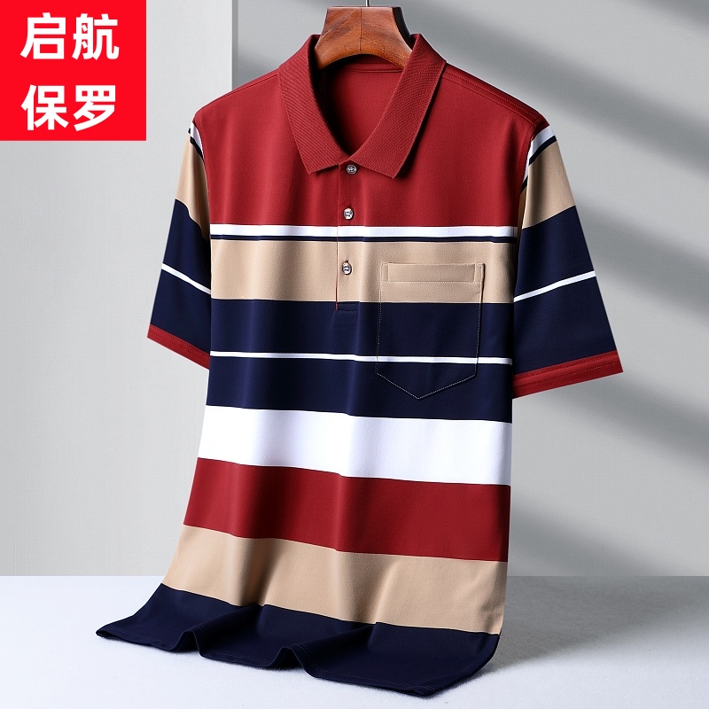 爸爸夏装短袖t恤中年棉polo衫中老年宽松大码百搭条纹t恤男肥佬装