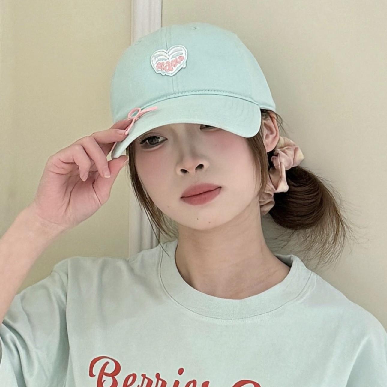 薄荷绿刺绣爱心鸭舌帽子女2025新款蜜桃粉蝴蝶结棒球帽子显脸小潮