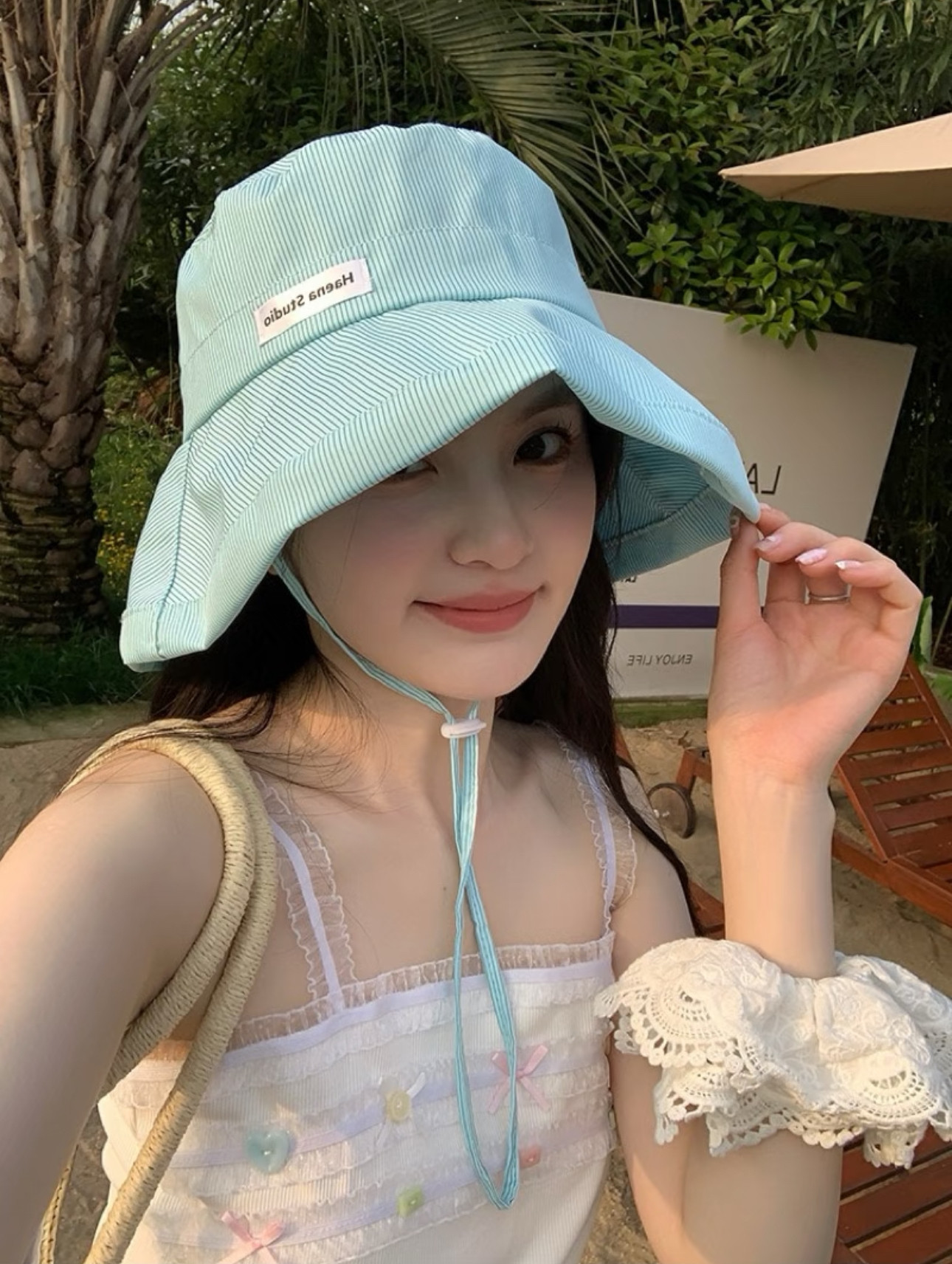 薄荷曼波绿清新条纹渔夫帽子女大头围学院风出游大帽檐防晒帽盆帽