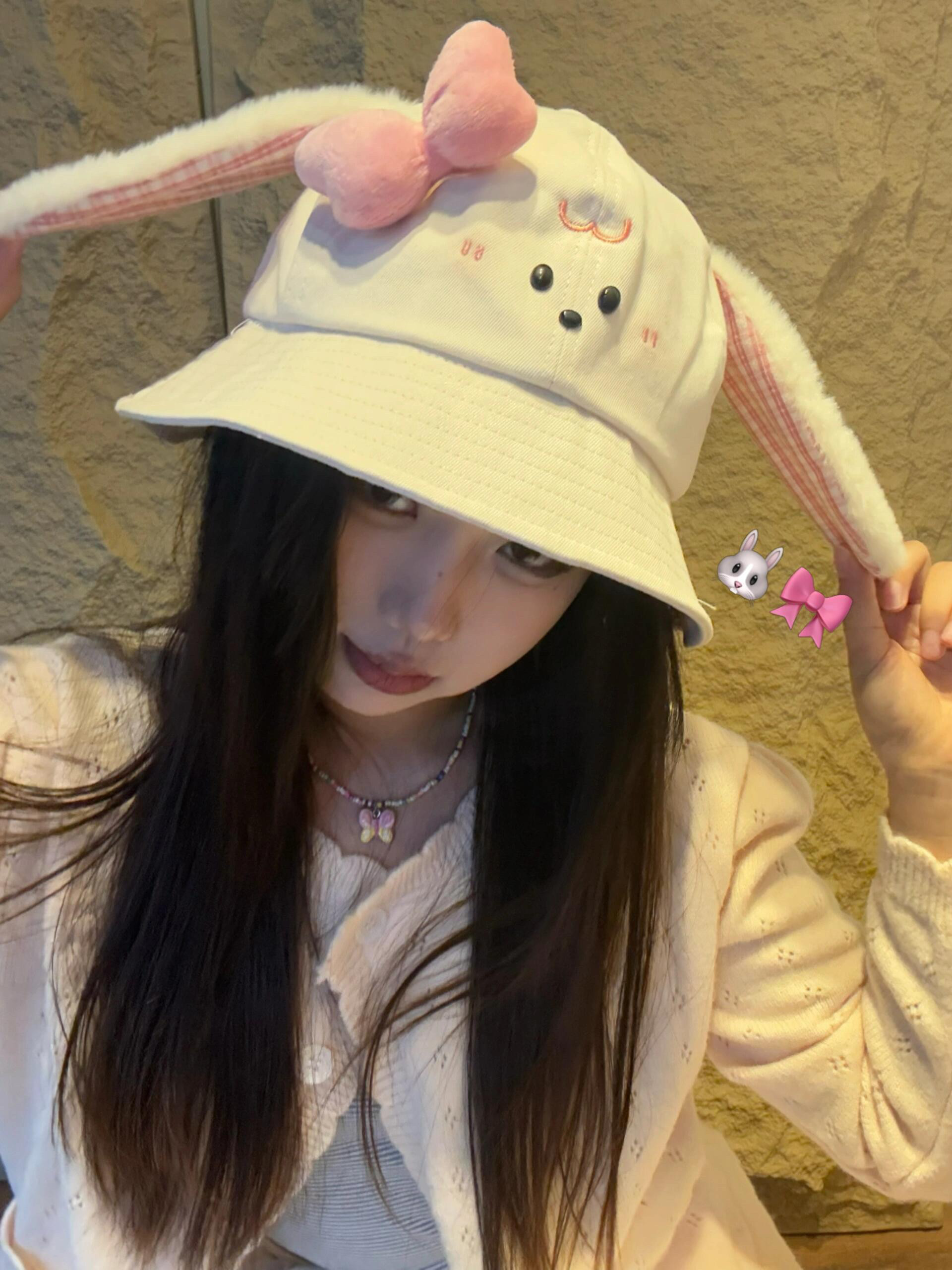 可爱垂耳日系小兔子渔夫帽女2025新款粉嫩蝴蝶结超萌荷叶边遮阳帽