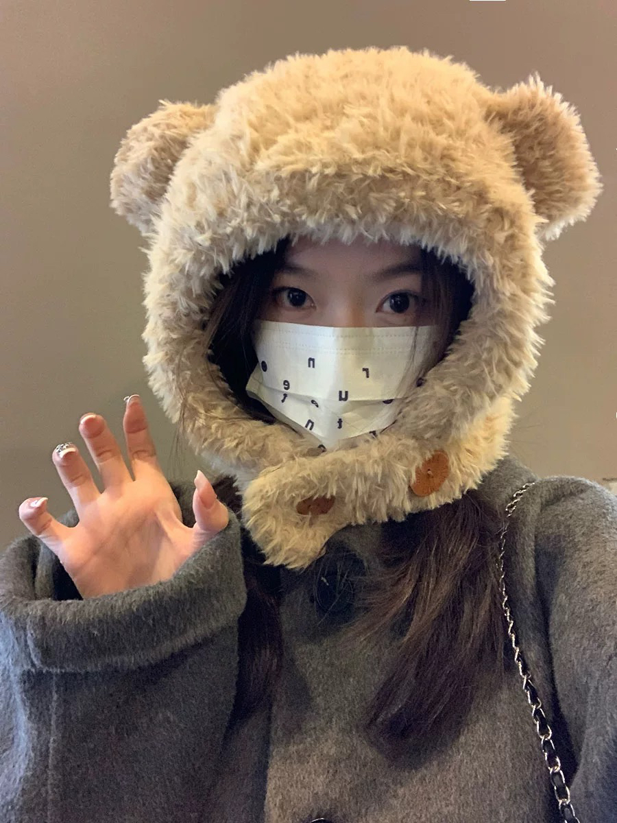 巴拉克拉法帽毛绒绒小熊针织帽子女秋冬季2024新款保暖护耳毛线帽