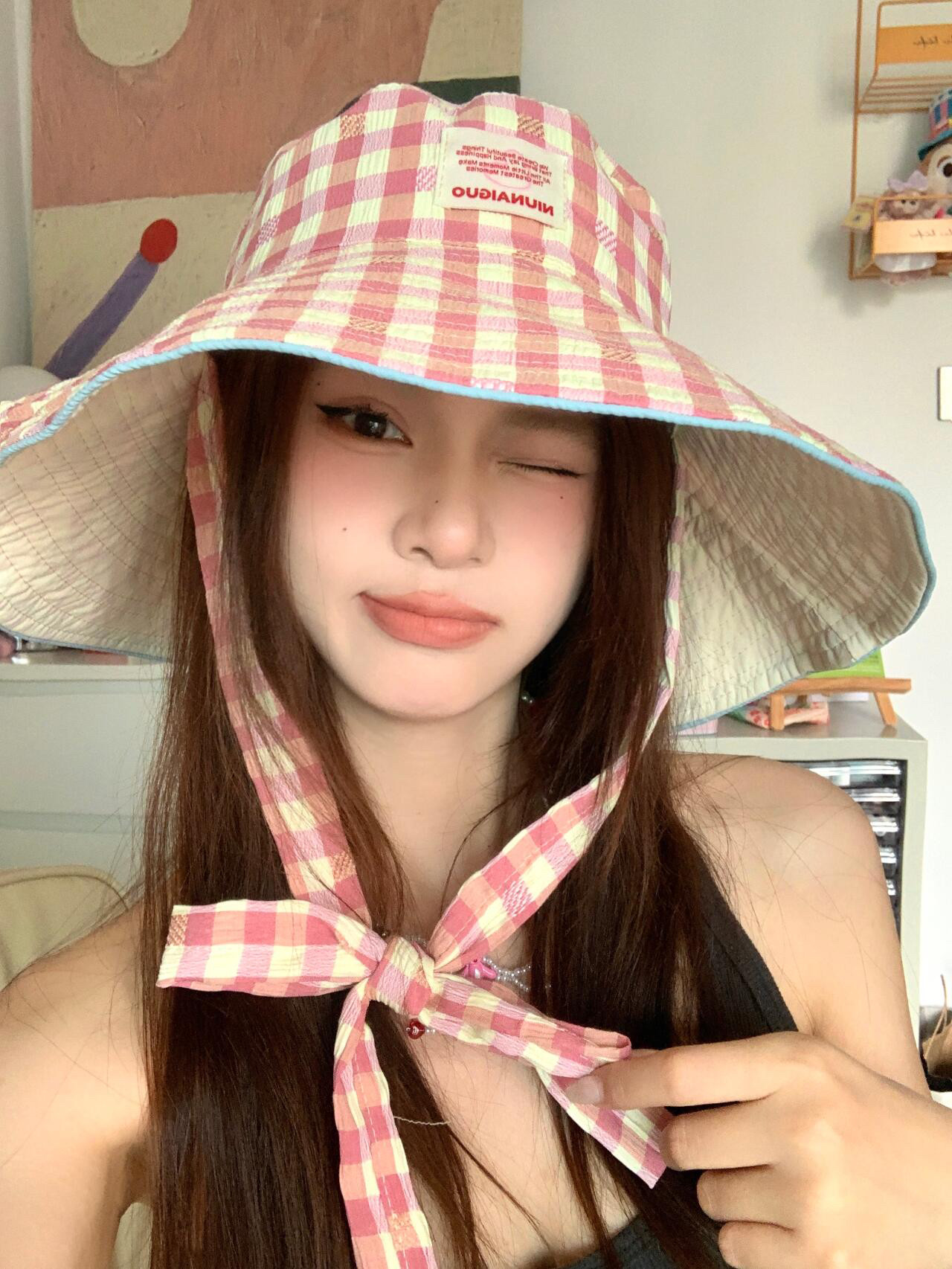 小清新格子渔夫帽子女2025新款双面宽边大帽檐显脸小遮阳防晒盆帽