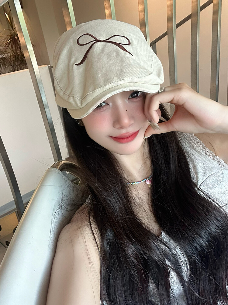 蝴蝶结前进帽女2025新款ins韩版甜美百搭春夏季轻薄笑脸小鸭舌帽