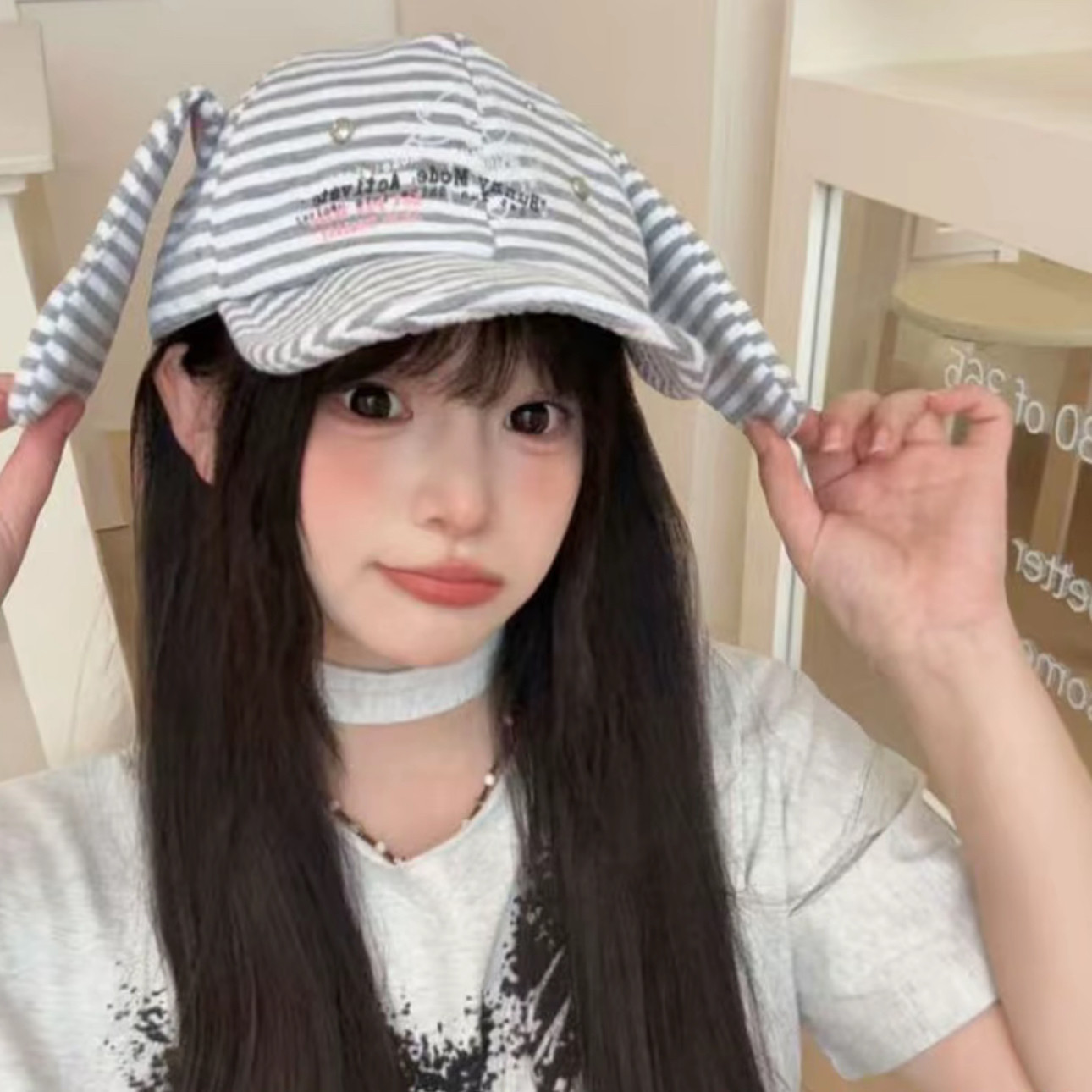 俏皮可爱小兔可拆卸耳朵条纹y2k平檐鸭舌帽亚比风兔耳朵棒球帽女