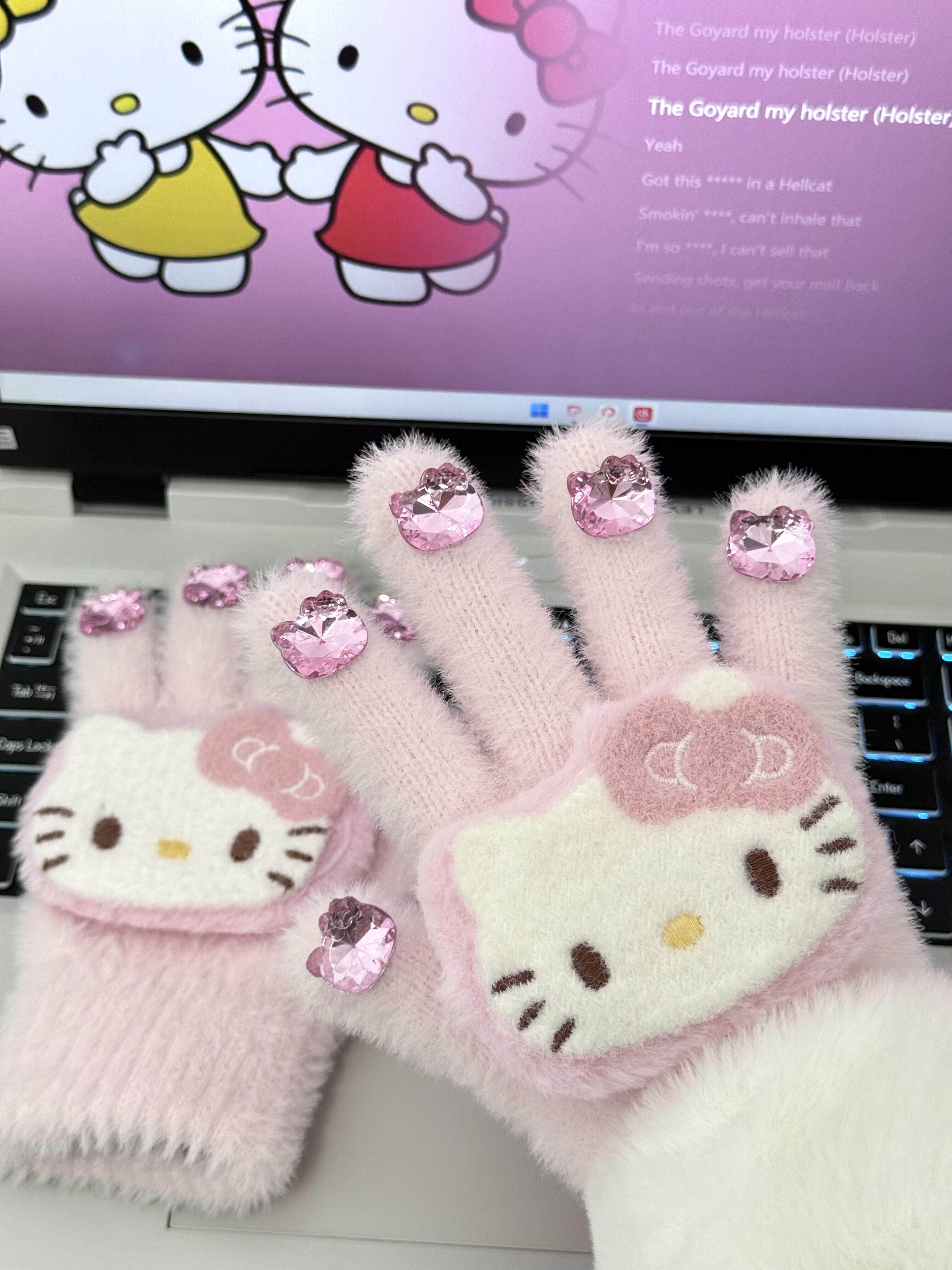 Kitty美甲时尚毛绒少女心手套2025新款可爱骑行可触屏保暖闺蜜潮