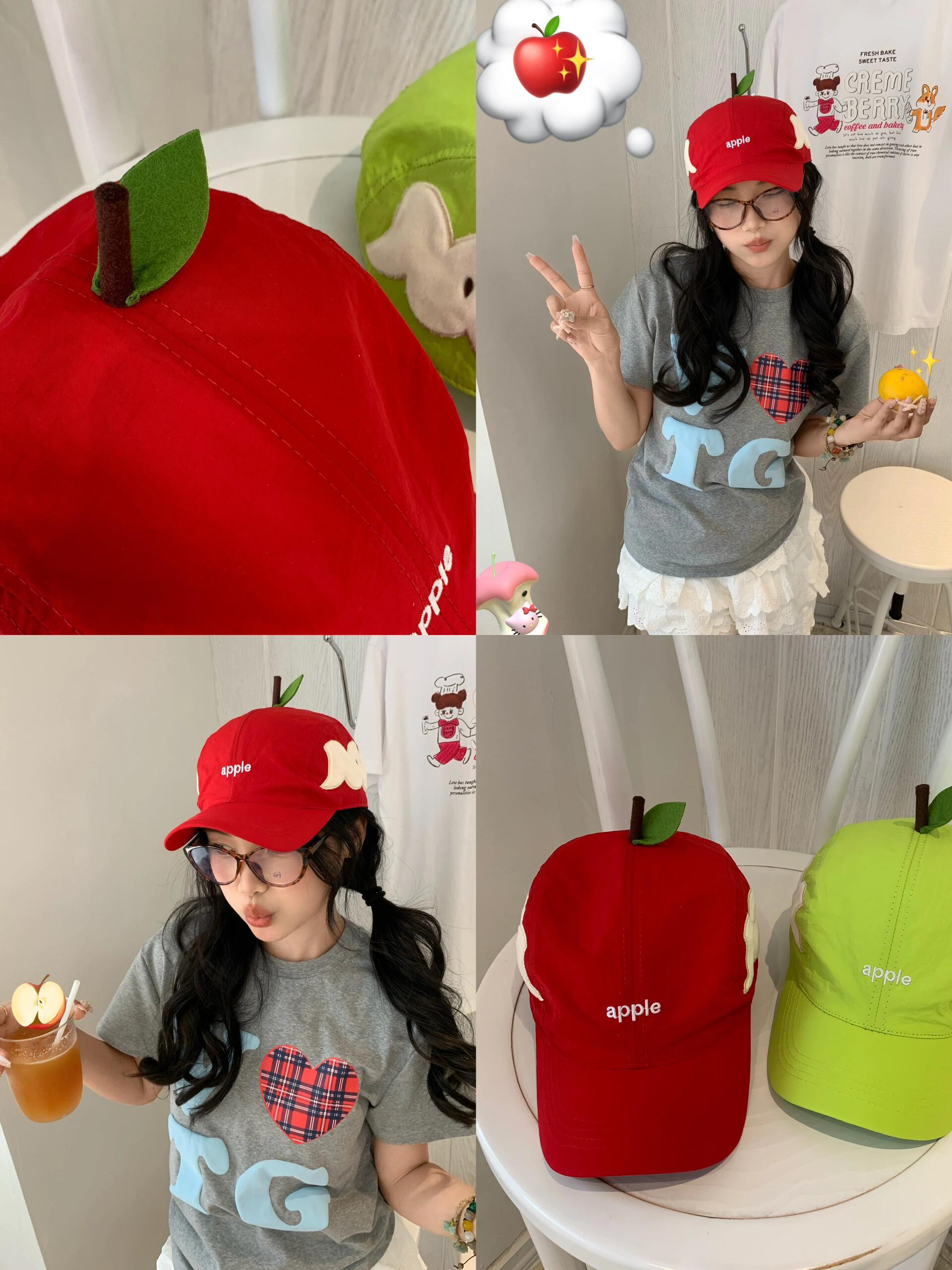趣味红苹果鸭舌帽子女2025新款ins潮鸳鸯青苹果可爱棒球帽情侣男