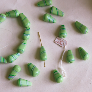 16×9mm 日本樱桃牌复古绿条纹水滴古着珠琉璃珠手工串珠材料散珠