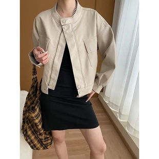 司南 美式摩登感 复古工装立领短款皮衣外套2024秋冬新款 SN5252