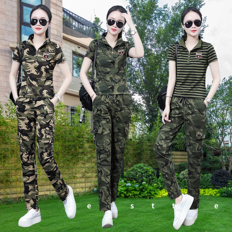 户外迷彩服翻领短袖T恤套装女潮T