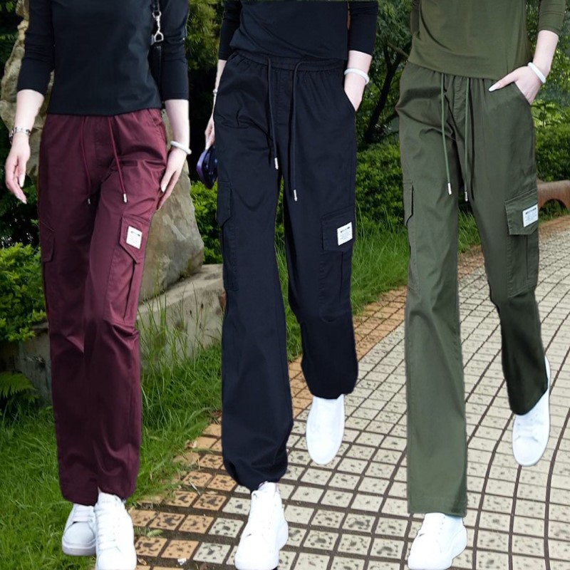 户外军绿工装裤休闲裤女2024春秋束脚裤户外长裤宽松小黑裤直筒裤