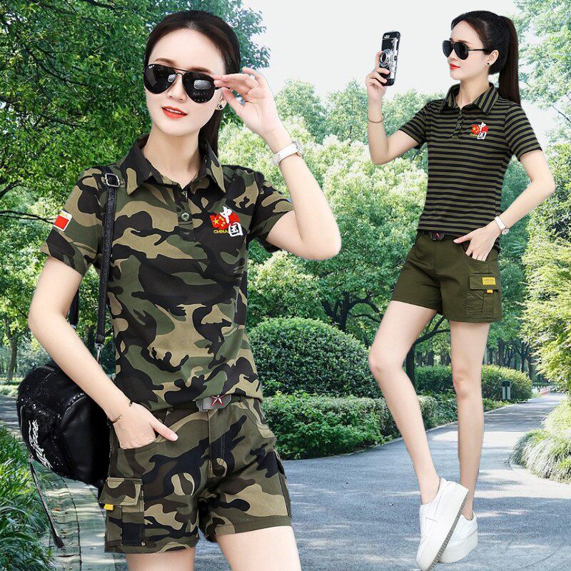 户外迷彩服短袖套装女