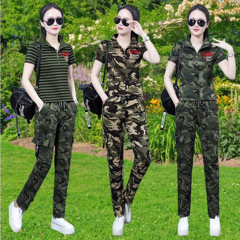 迷彩服翻领短袖t恤套装女装户外M
