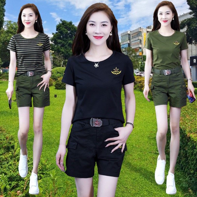 2024夏装新款圆领短袖t恤套装女黑色工装裤一套多口袋短裤两件套S