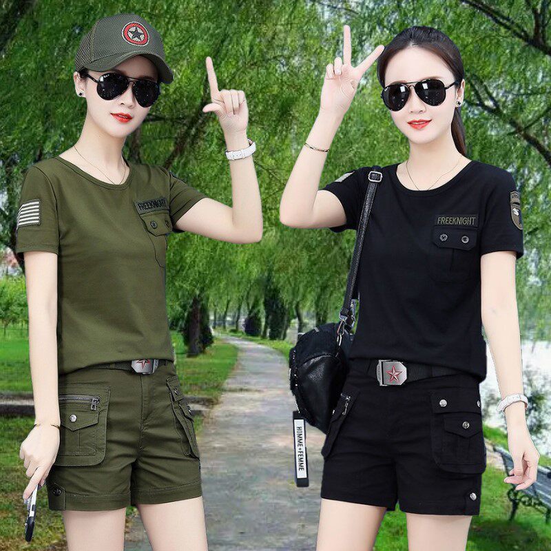 迷彩服女夏季圆领短袖黑色口袋