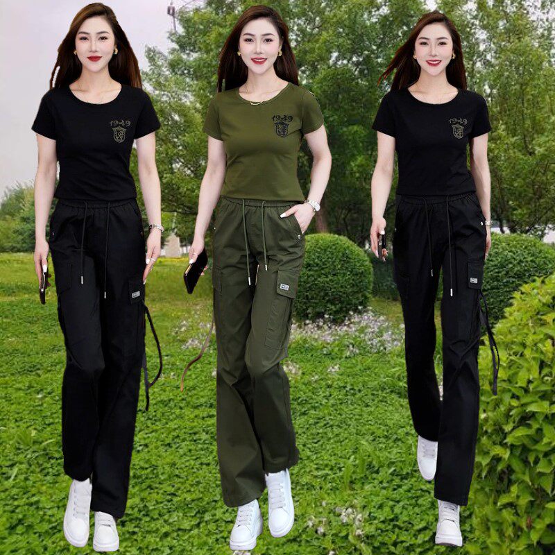 户外军绿短袖T恤套装女2025夏装一套军迷服黑色工装裤休闲两件套S