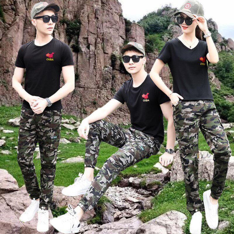 户外军训迷彩服套装男女黑色短袖T恤长裤一套2024夏季休闲两件套s