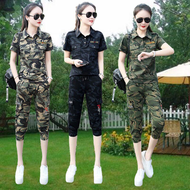 夏装户外迷彩服7分裤套装女式T恤