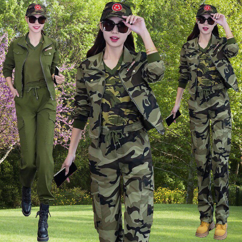 户外军绿迷彩服套装2025春季女装一套帅气军训修身外套军迷三件套