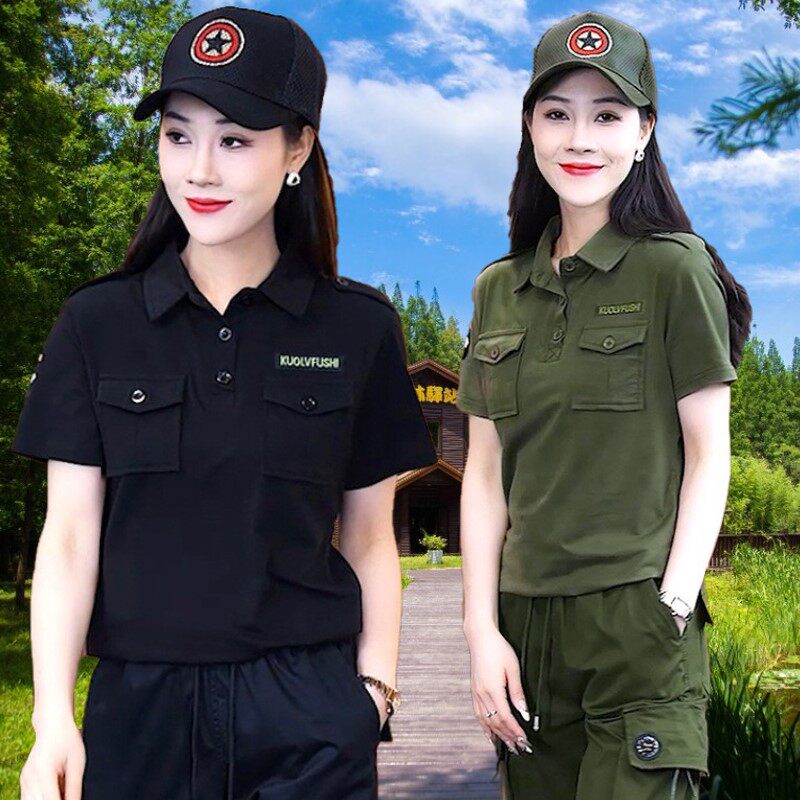 户外军绿色翻领短袖T恤女小黑衫2025夏季新款修身黑色上衣休闲潮t