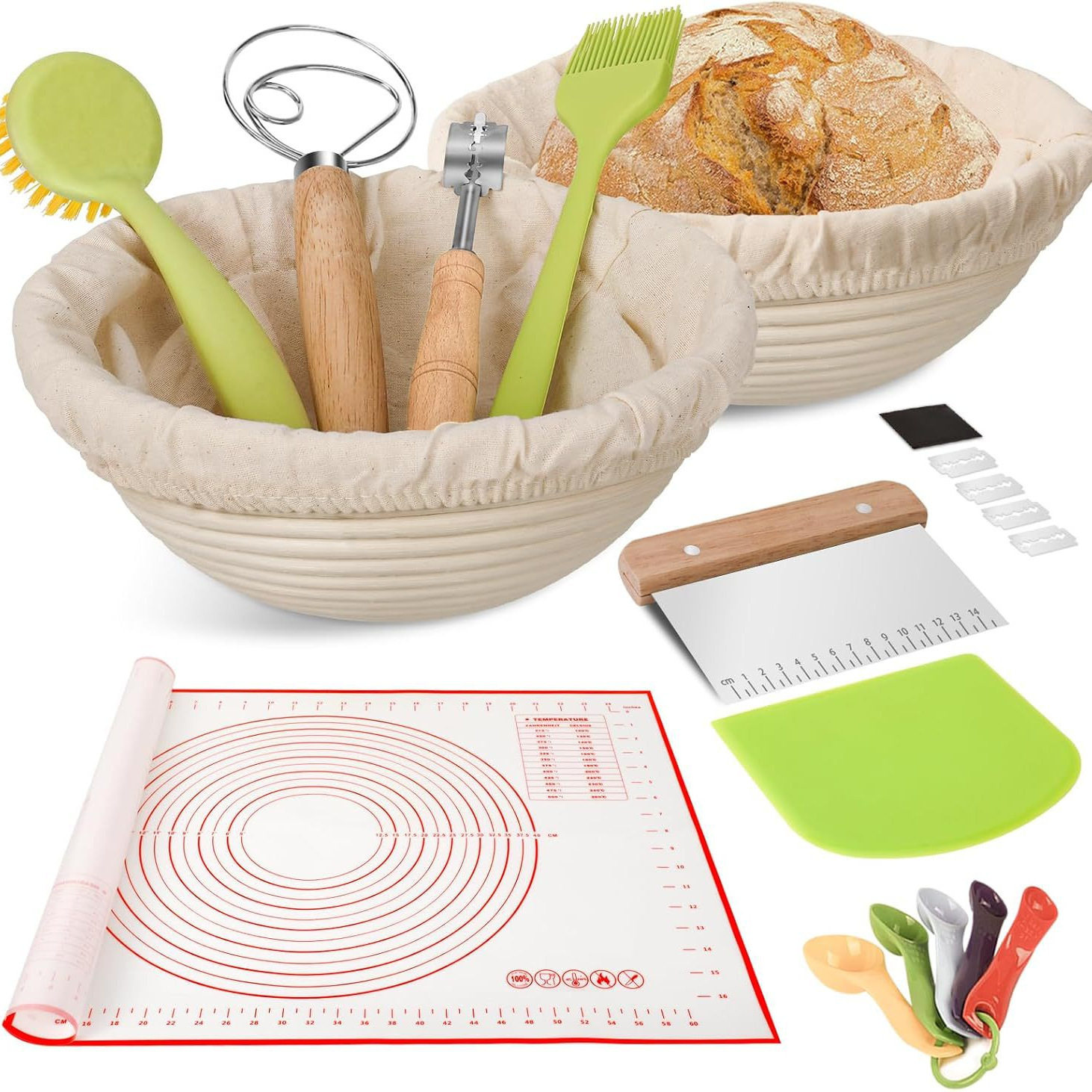 热销10件套欧式面包烘焙工具用品9寸10寸圆形藤条发酵篮修容刀
