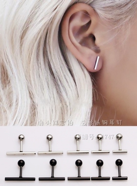 欧美极简一字螺丝扣钛钢耳钉女款 T型一根棍螺纹镀金男士黑色耳骨