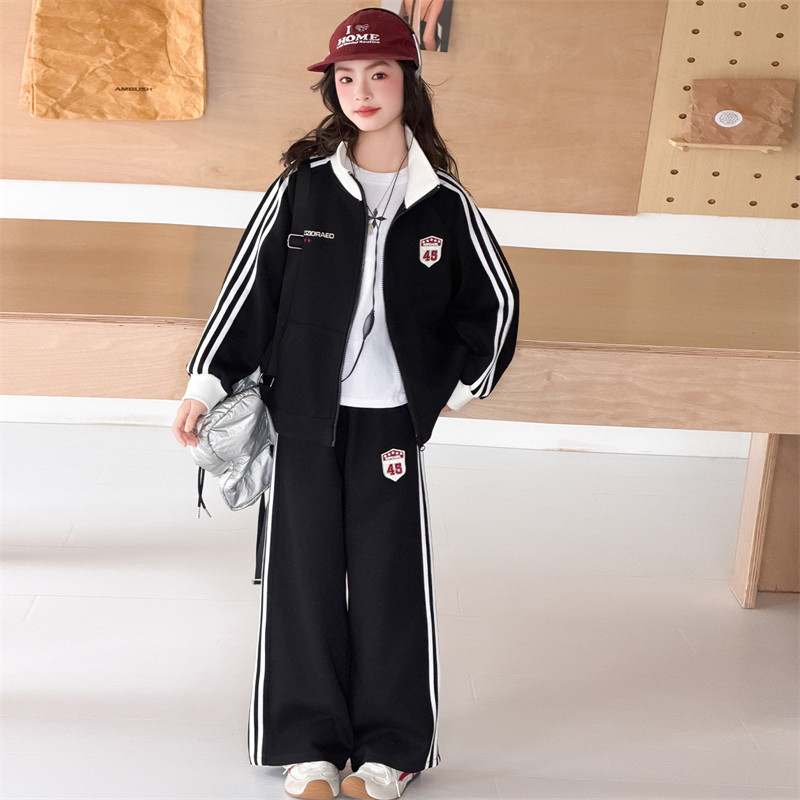 女童秋季学院风条纹运动两件套