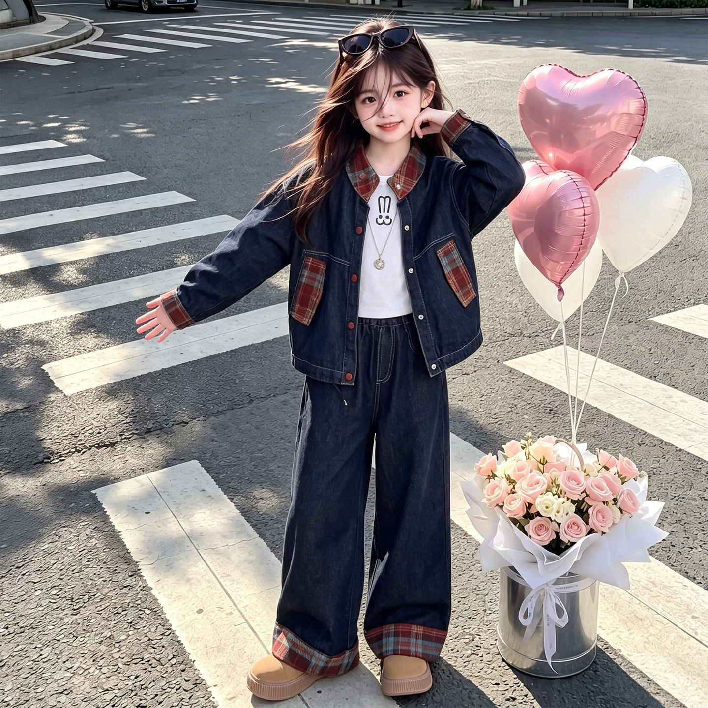 女童春秋韩版牛仔外套阔腿裤套装