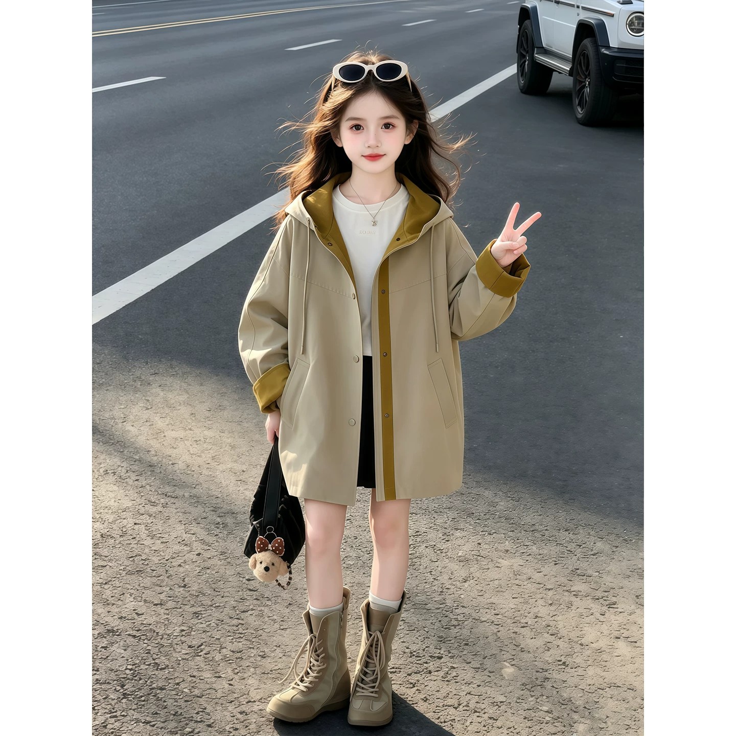 女童撞色中长款风衣春秋外套