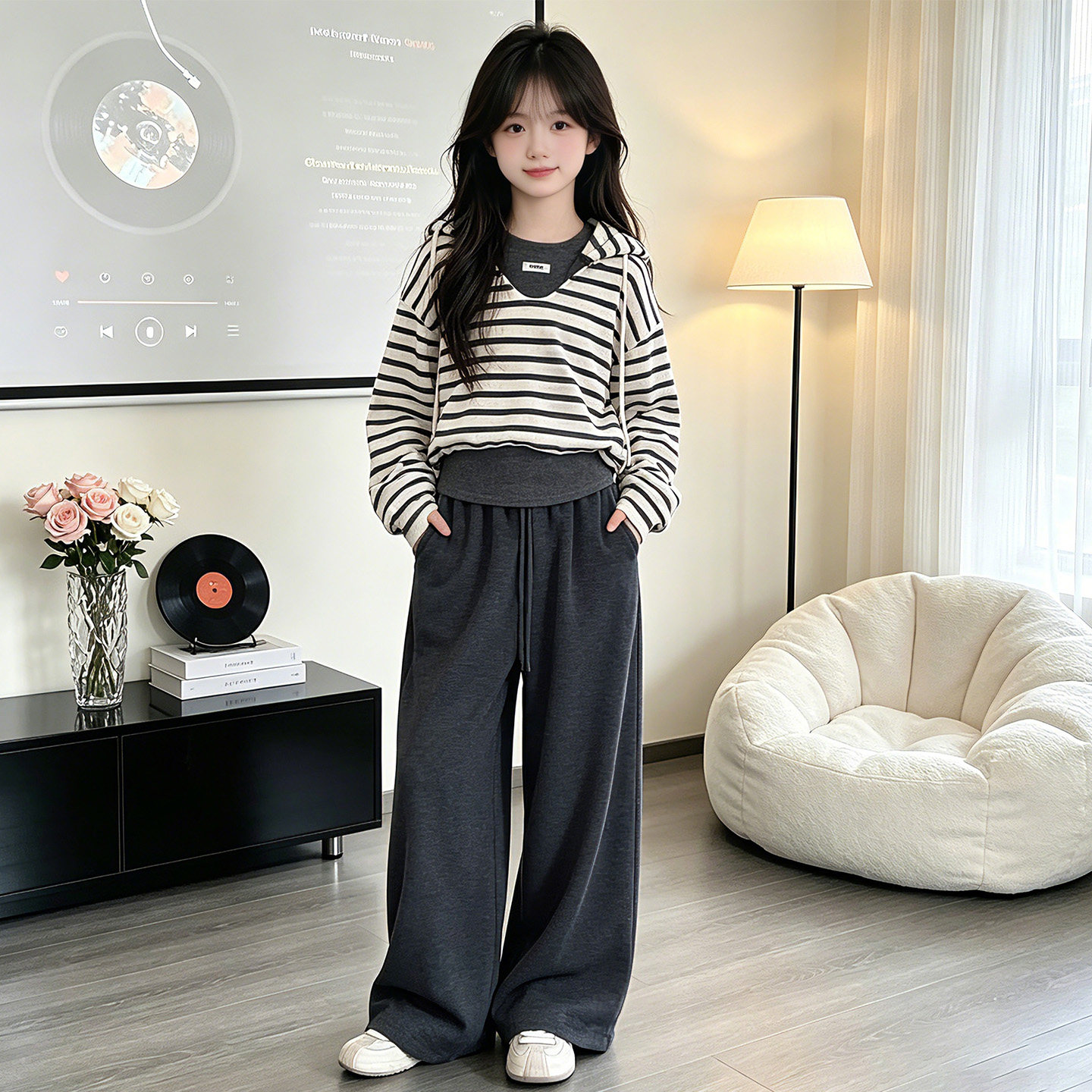 女童秋季条纹卫衣阔腿裤三件套