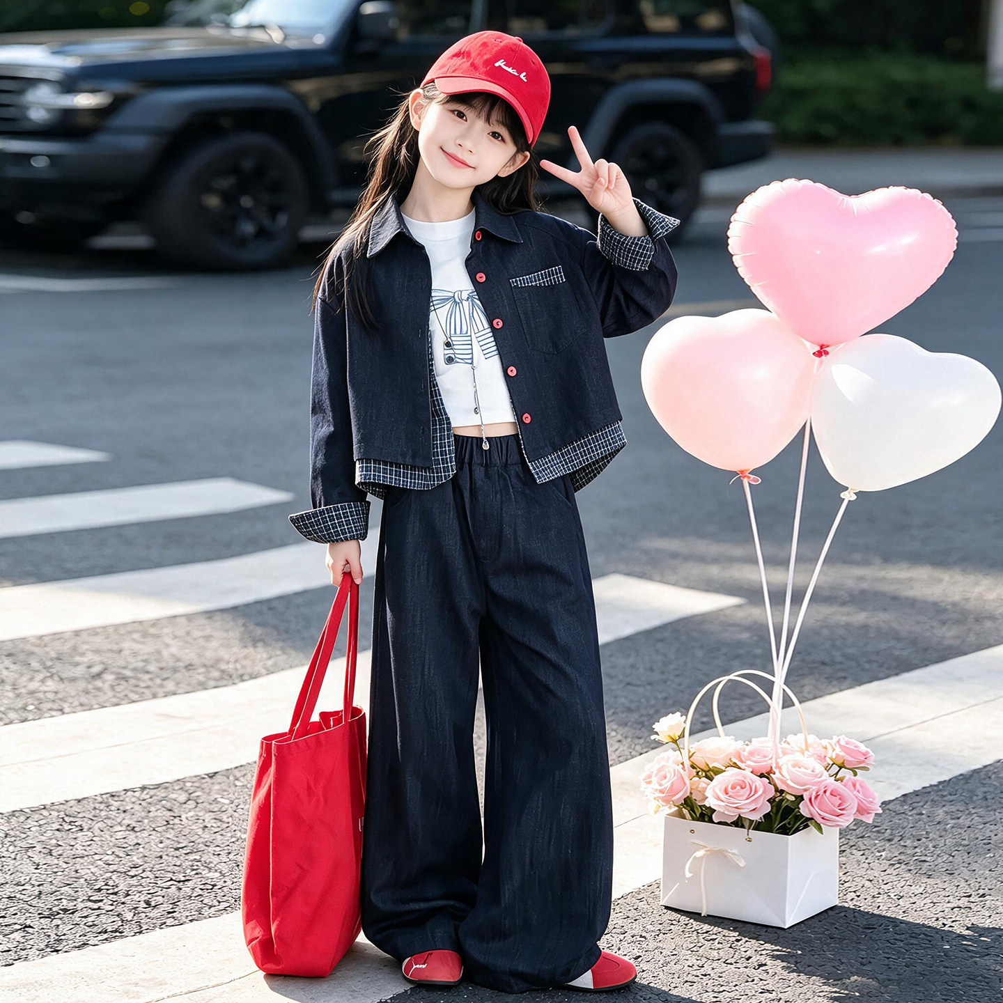 女童秋装韩版格子牛仔阔腿套装
