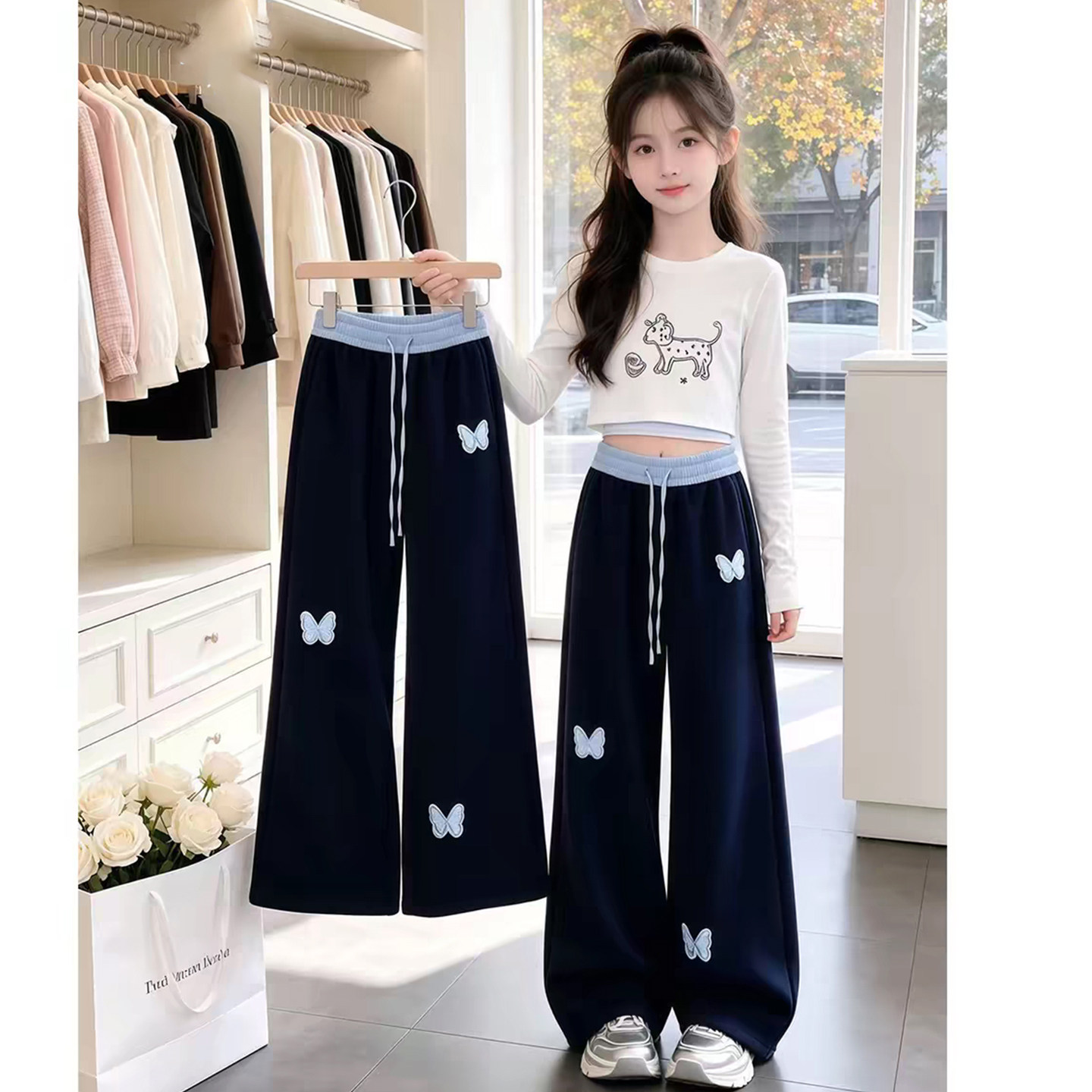 2026春秋女童高腰蝴蝶刺绣卫裤