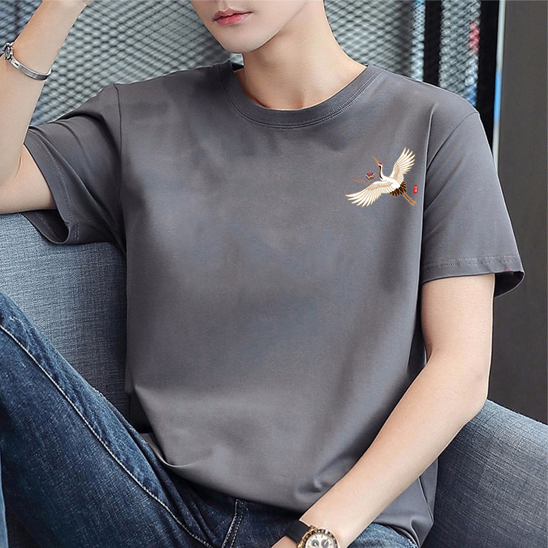 白鹤印花夏季男款圆领短袖t恤纯棉半袖体恤衫全棉学生帅气打底衫