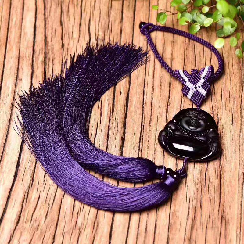 高档天然水晶黑曜石大肚佛车挂 黑曜石弥勒佛笑佛后视镜挂饰